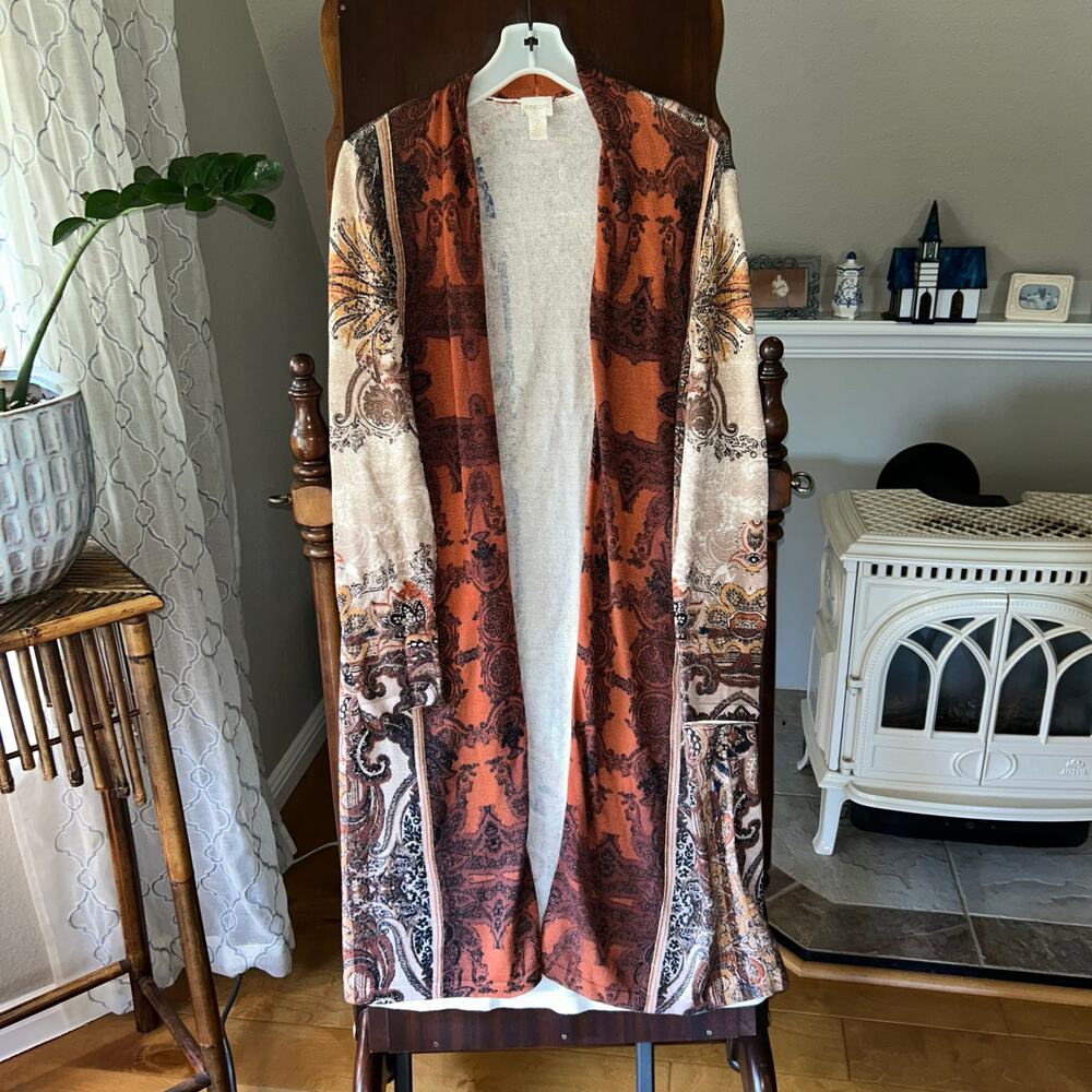 Chico’s brown graphic cardigan duster sweater 2 M/L